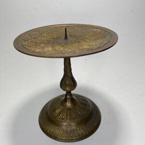 Vintage Inlaid Etched Brass Candlestick Holder Made Of Heavy Brass